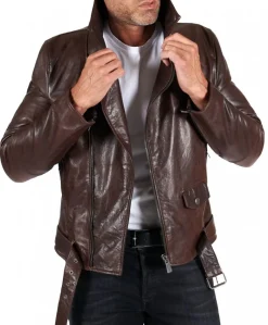 Uomo D'Arienzo Chiodo biker - Chiodo biker in pelle testa di moro con cintura effetto vintage