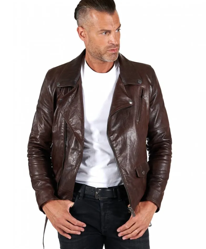 Uomo D'Arienzo Chiodo biker - Chiodo biker in pelle testa di moro con cintura effetto vintage