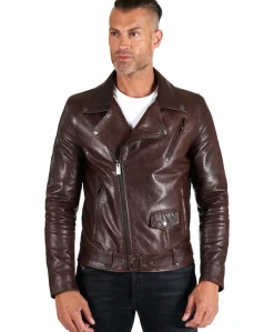 Uomo D'Arienzo Chiodo biker - Chiodo biker in pelle testa di moro con cintura effetto vintage