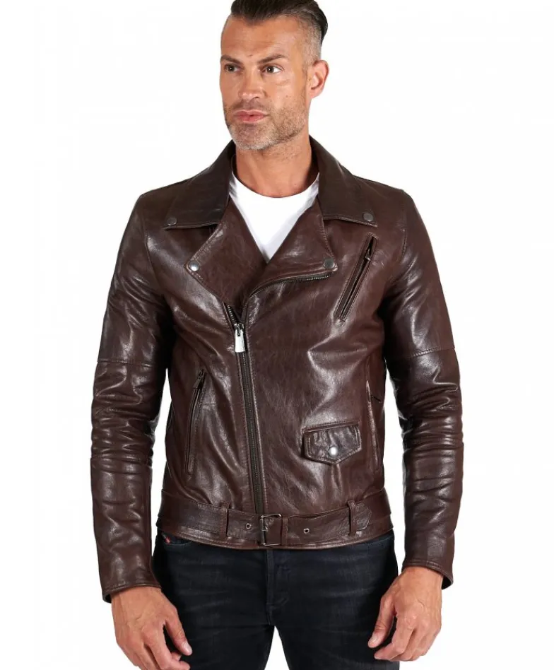 Uomo D'Arienzo Chiodo biker - Chiodo biker in pelle testa di moro con cintura effetto vintage