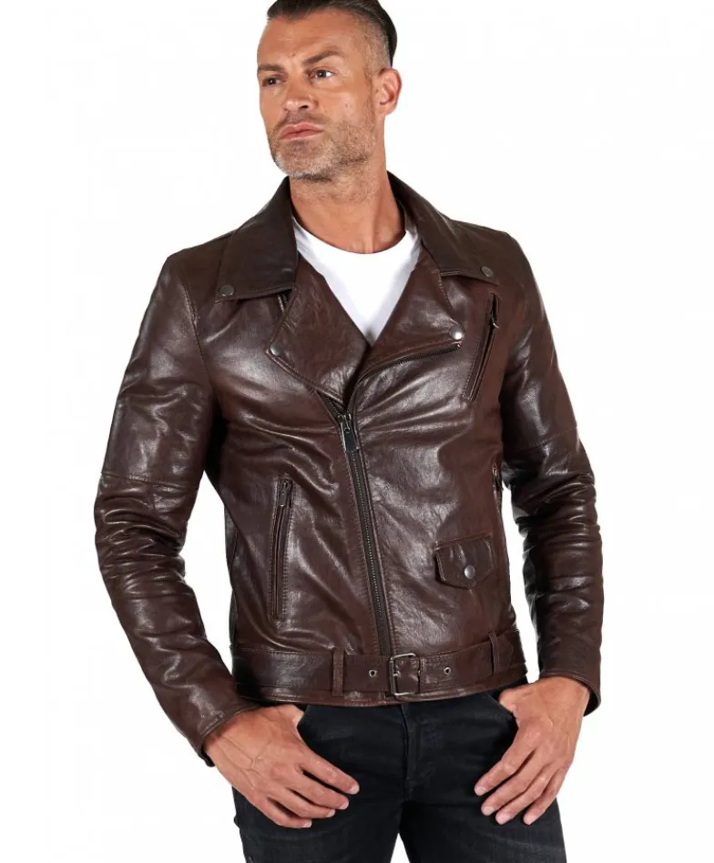 Uomo D'Arienzo Chiodo biker - Chiodo biker in pelle testa di moro con cintura effetto vintage