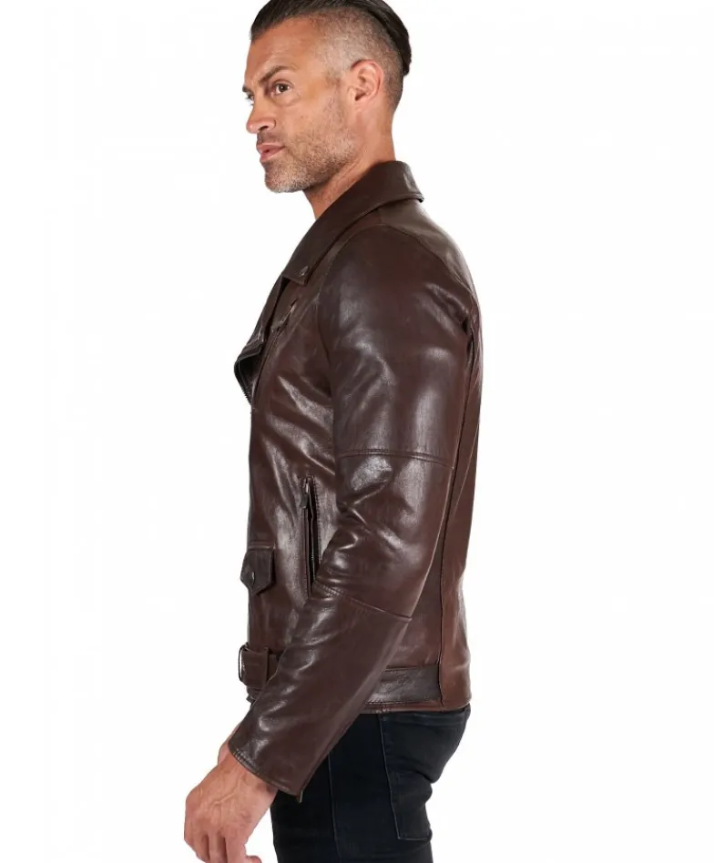 Uomo D'Arienzo Chiodo biker - Chiodo biker in pelle testa di moro con cintura effetto vintage