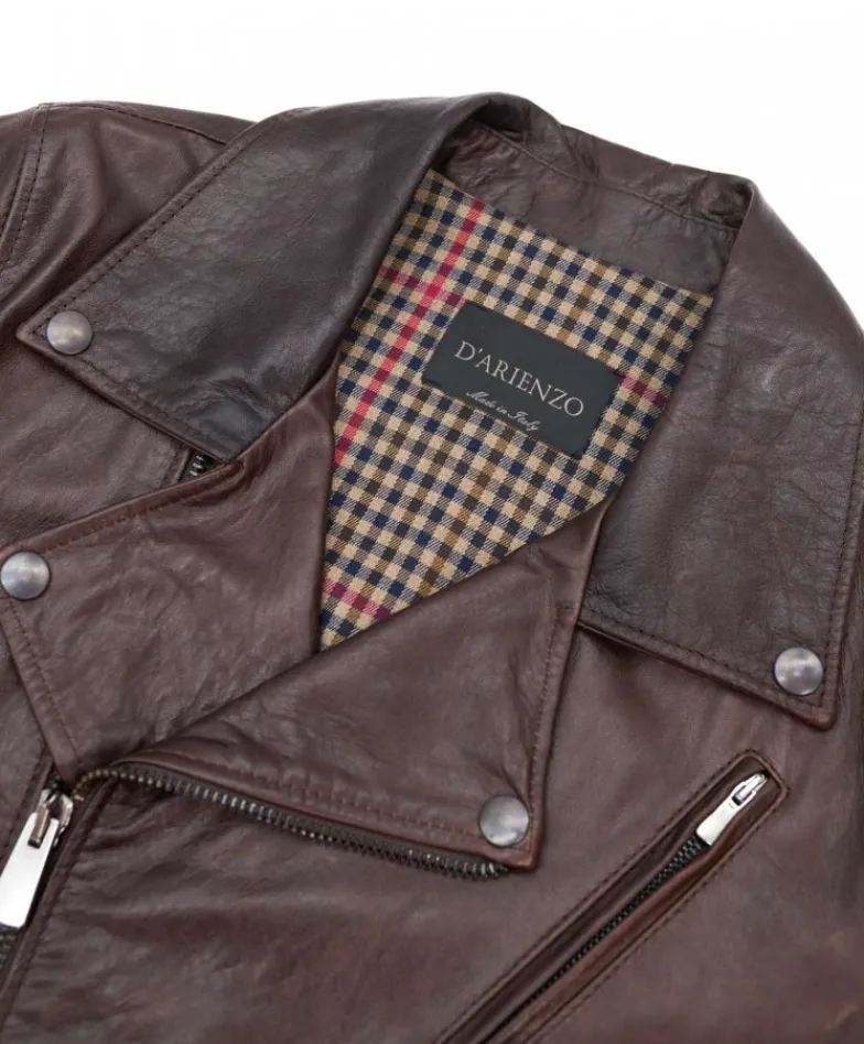 Uomo D'Arienzo Chiodo biker - Chiodo biker in pelle testa di moro con cintura effetto vintage