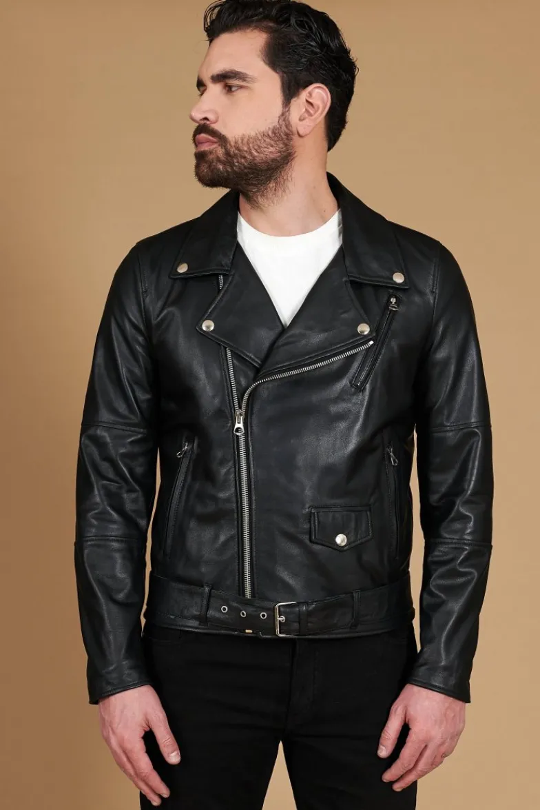 Uomo D'Arienzo Chiodo biker - Chiodo biker in pelle nera con cintura nappa effetto liscio