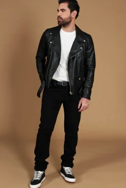 Uomo D'Arienzo Chiodo biker - Chiodo biker in pelle nera con cintura nappa effetto liscio