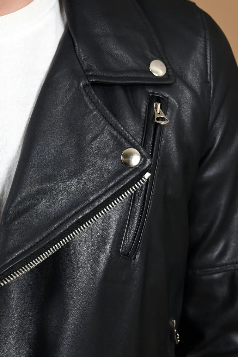 Uomo D'Arienzo Chiodo biker - Chiodo biker in pelle nera con cintura nappa effetto liscio