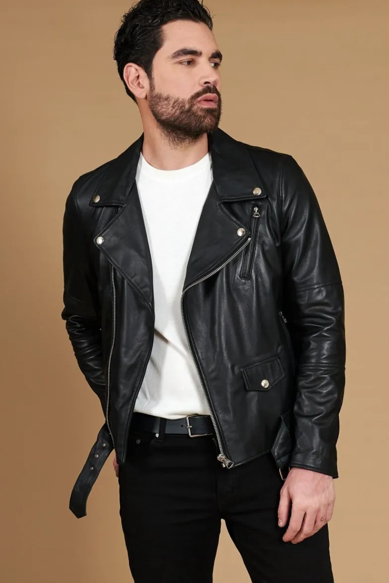 Uomo D'Arienzo Chiodo biker - Chiodo biker in pelle nera con cintura nappa effetto liscio