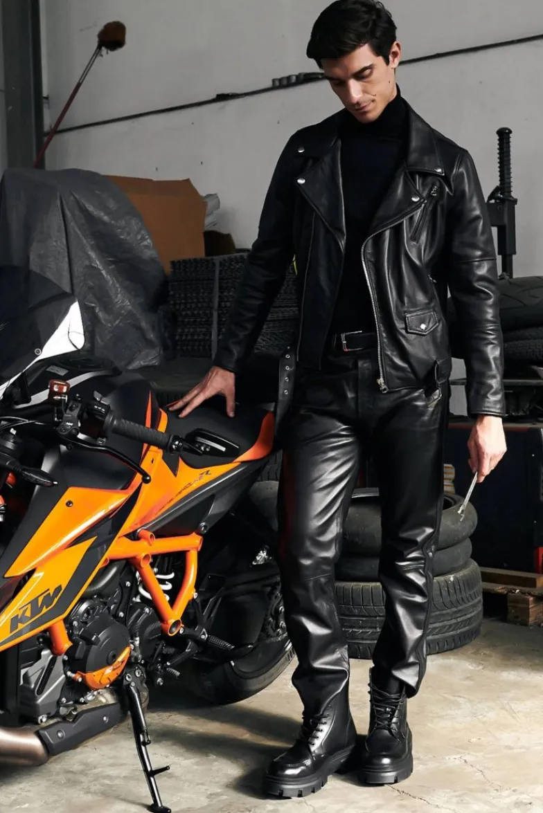 Uomo D'Arienzo Chiodo biker - Chiodo biker in pelle nera con cintura nappa effetto liscio