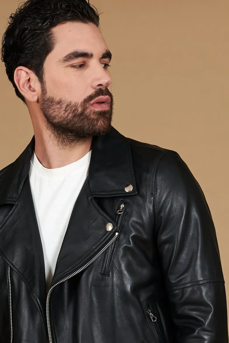 Uomo D'Arienzo Chiodo biker - Chiodo biker in pelle nera con cintura nappa effetto liscio