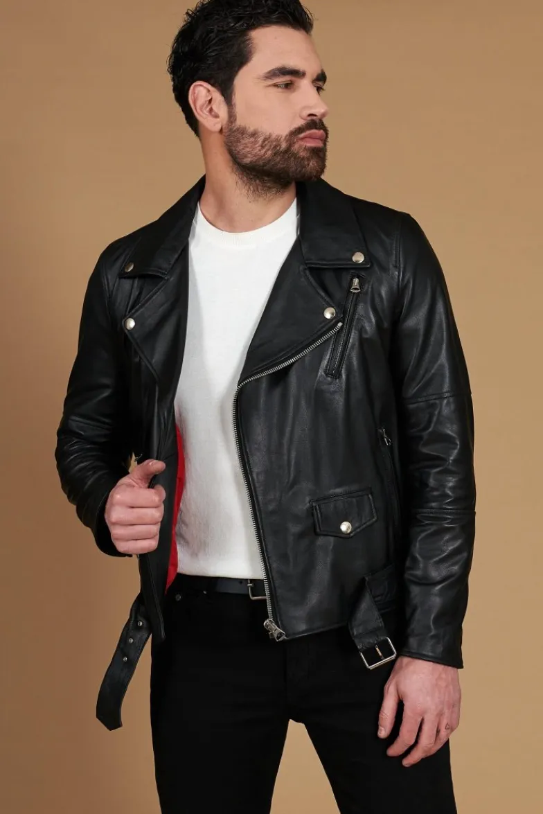 Uomo D'Arienzo Chiodo biker - Chiodo biker in pelle nera con cintura nappa effetto liscio