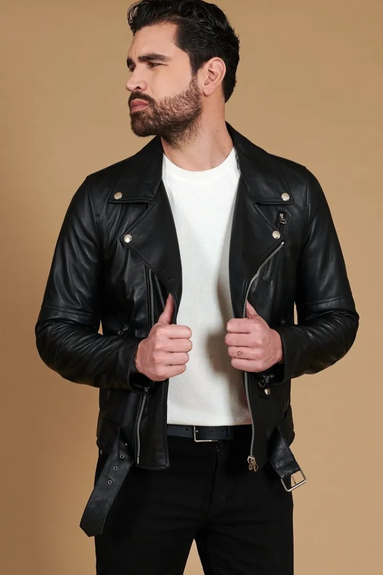 Uomo D'Arienzo Chiodo biker - Chiodo biker in pelle nera con cintura nappa effetto liscio