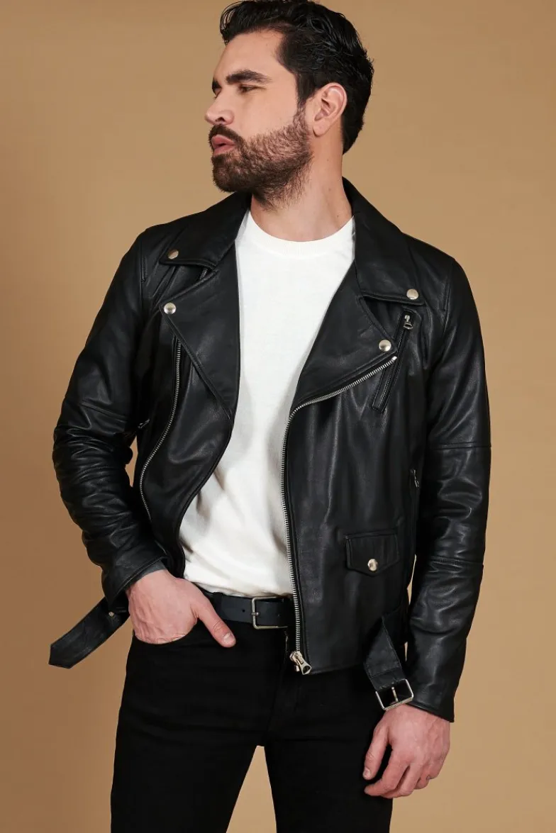 Uomo D'Arienzo Chiodo biker - Chiodo biker in pelle nera con cintura nappa effetto liscio