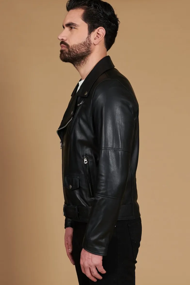 Uomo D'Arienzo Chiodo biker - Chiodo biker in pelle nera con cintura nappa effetto liscio