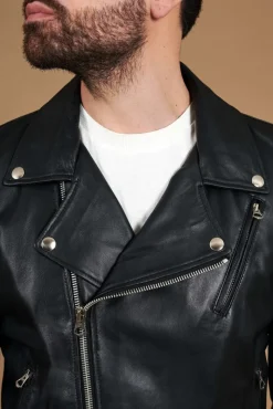Uomo D'Arienzo Chiodo biker - Chiodo biker in pelle nera con cintura nappa effetto liscio