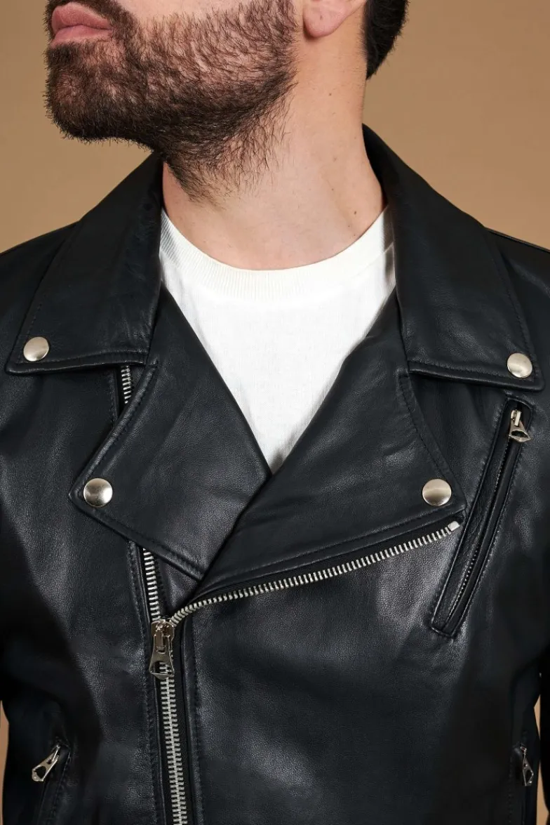Uomo D'Arienzo Chiodo biker - Chiodo biker in pelle nera con cintura nappa effetto liscio