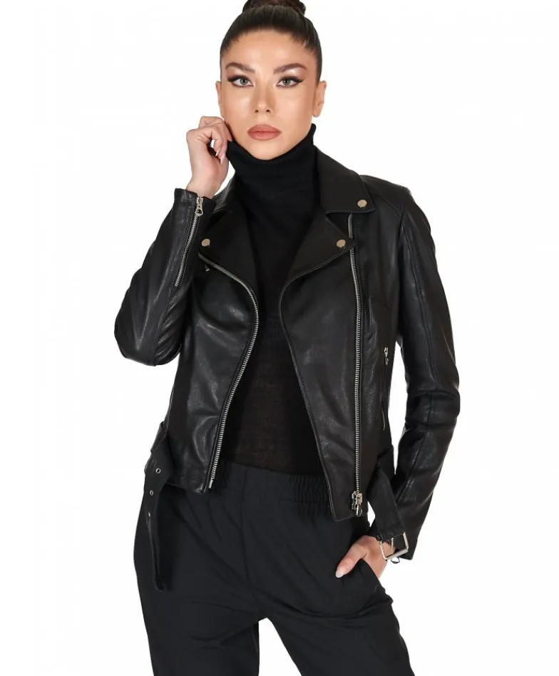 Donna D'Arienzo Chiodo D - Chiodo in pelle vegetale nera con cintura effetto vintage