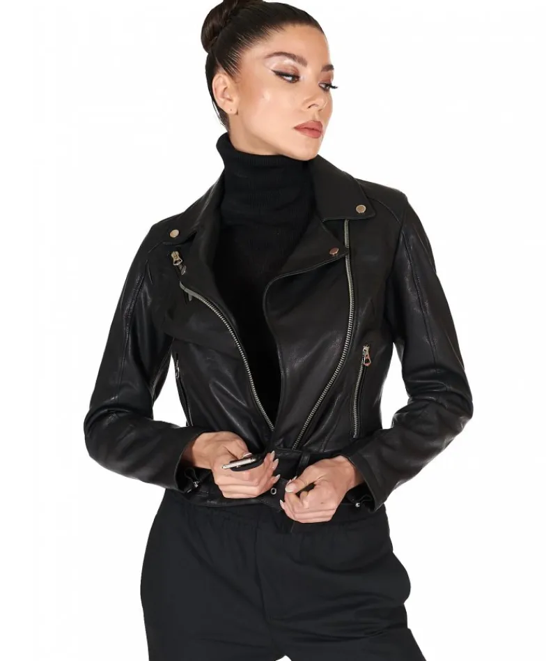 Donna D'Arienzo Chiodo D - Chiodo in pelle vegetale nera con cintura effetto vintage