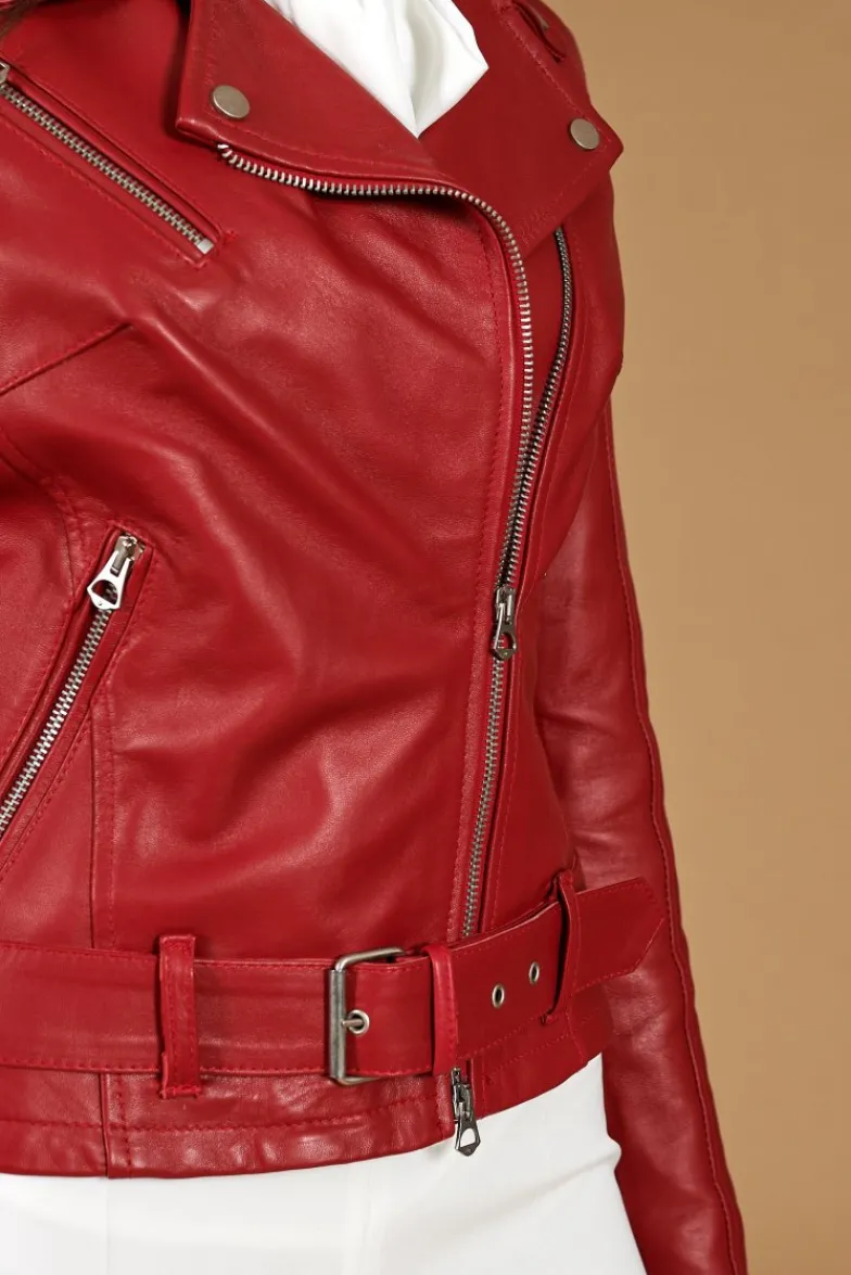 Donna D'Arienzo Chiodo D - Chiodo in pelle rossa con cintura nappa effetto liscio