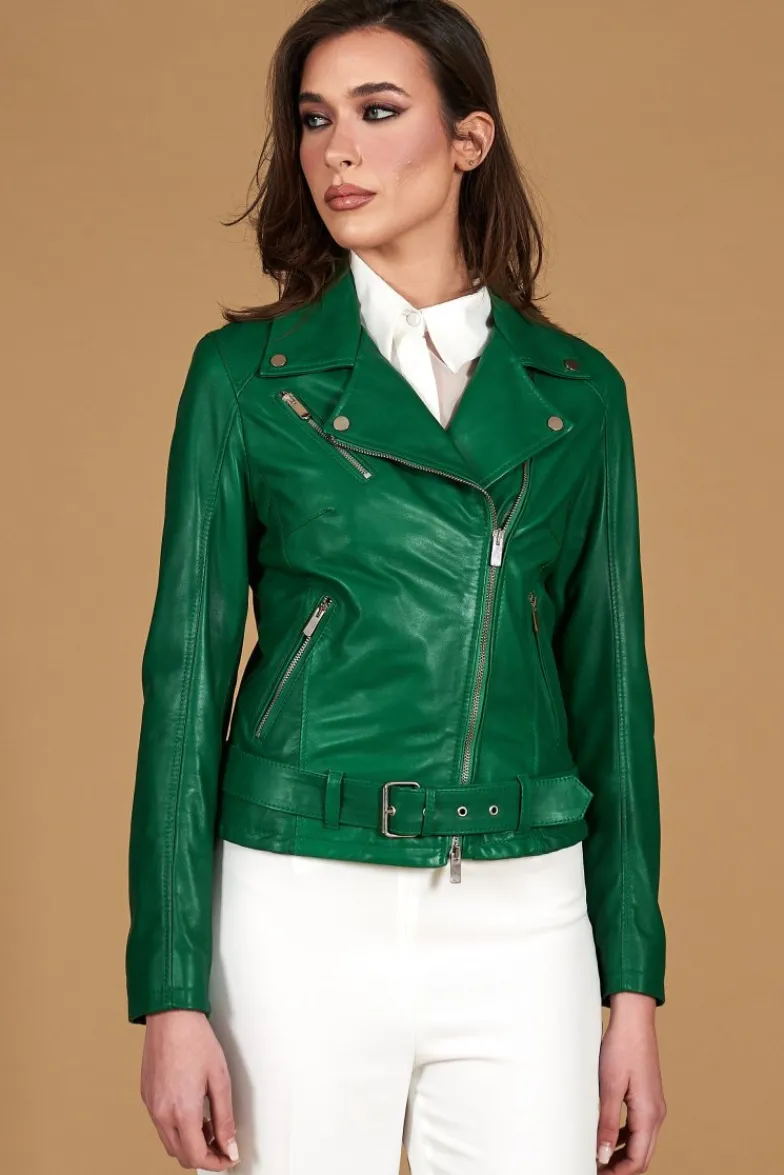 Donna D'Arienzo Chiodo D - Chiodo in pelle naturale verde con cintura