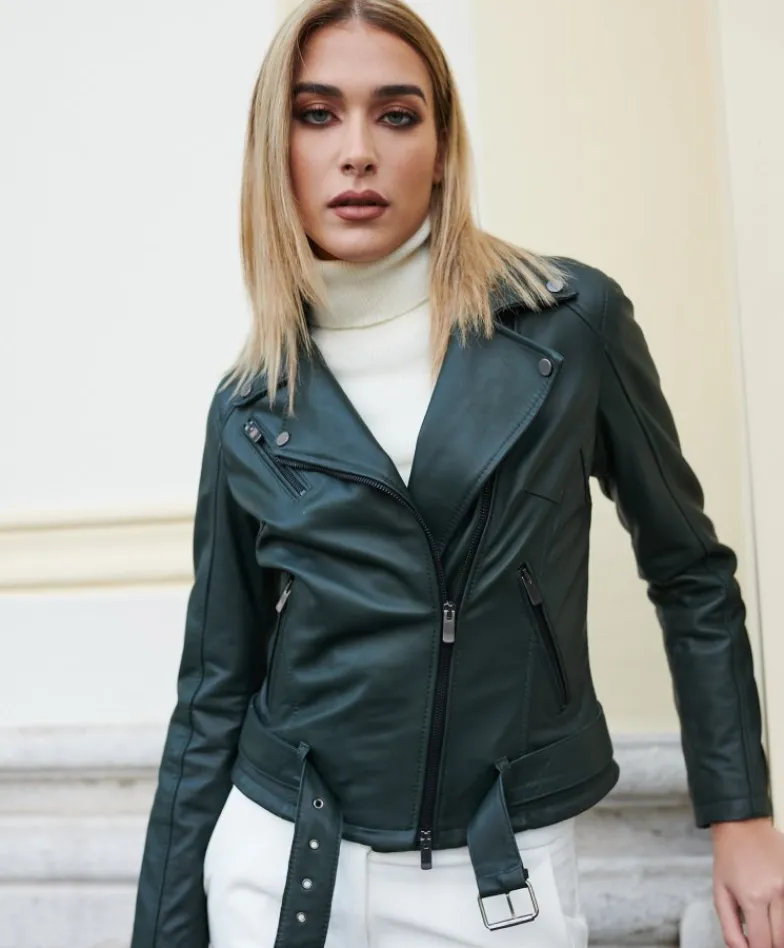 Donna D'Arienzo Chiodo D - Chiodo in pelle naturale verde con cintura effetto liscio