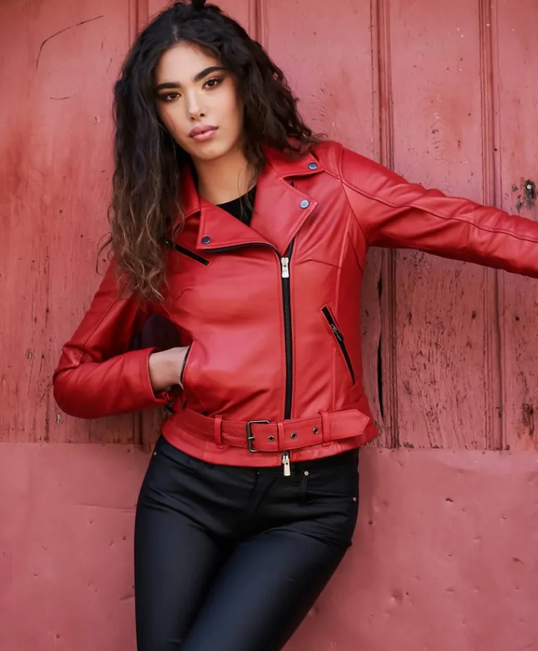 Donna D'Arienzo Chiodo D - Chiodo in pelle rossa con cintura nappa effetto liscio