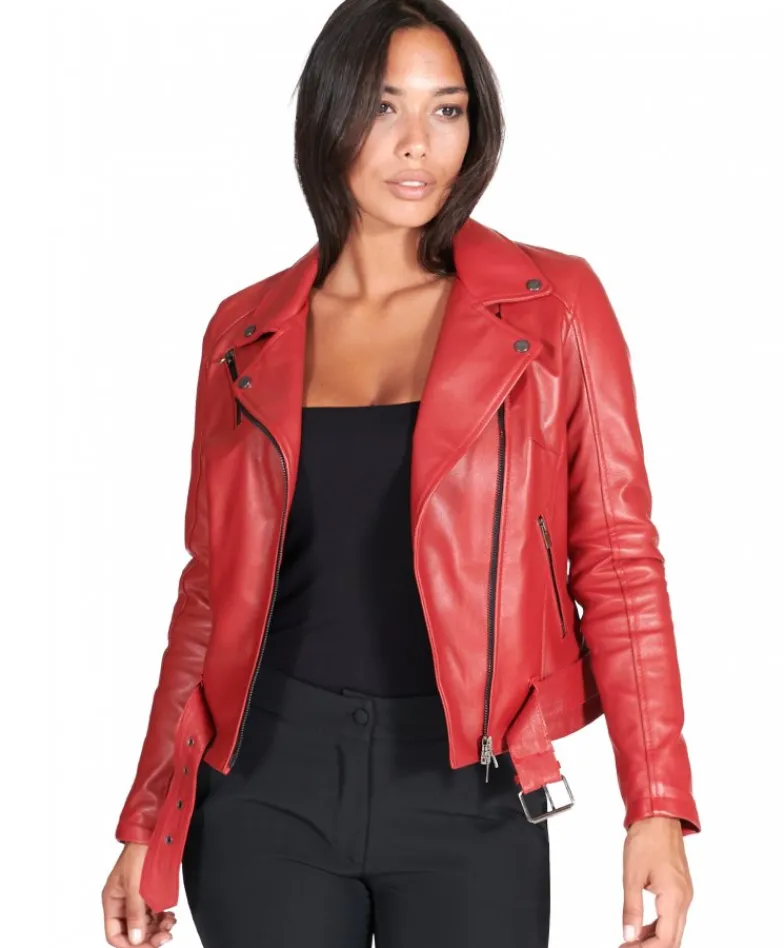 Donna D'Arienzo Chiodo D - Chiodo in pelle rossa con cintura nappa effetto liscio