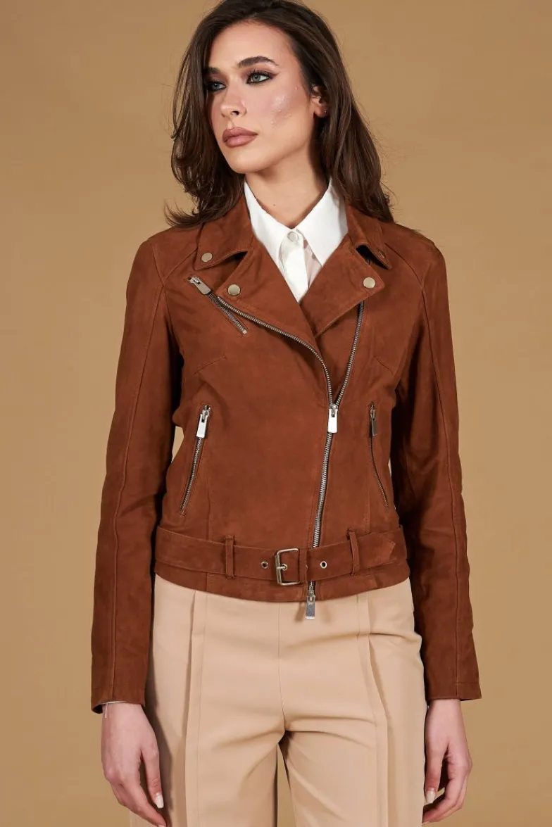 Donna D'Arienzo Chiodo D - Chiodo in pelle camoscio color cuoio con cintura