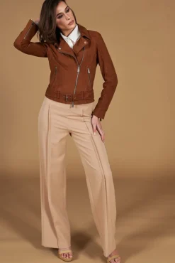 Donna D'Arienzo Chiodo D - Chiodo in pelle camoscio color cuoio con cintura