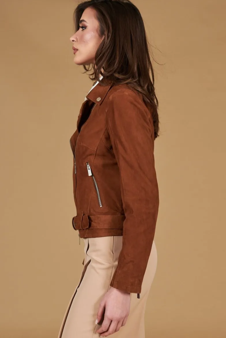 Donna D'Arienzo Chiodo D - Chiodo in pelle camoscio color cuoio con cintura