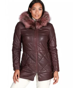 Donna D'Arienzo Chloe - Piumino in pelle naturale bordeaux con cappuccio bordato pelliccia