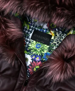 Donna D'Arienzo Chloe - Piumino in pelle naturale bordeaux con cappuccio bordato pelliccia
