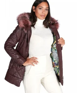 Donna D'Arienzo Chloe - Piumino in pelle naturale bordeaux con cappuccio bordato pelliccia