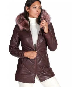 Donna D'Arienzo Chloe - Piumino in pelle naturale bordeaux con cappuccio bordato pelliccia