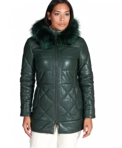Donna D'Arienzo Chloe - Piumino in pelle naturale verde con cappuccio bordato pelliccia