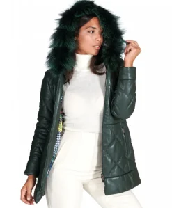Donna D'Arienzo Chloe - Piumino in pelle naturale verde con cappuccio bordato pelliccia
