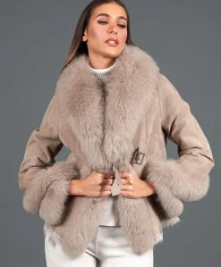 Donna D'Arienzo Clara - Giacca in montone scamosciato beige con collo in volpe