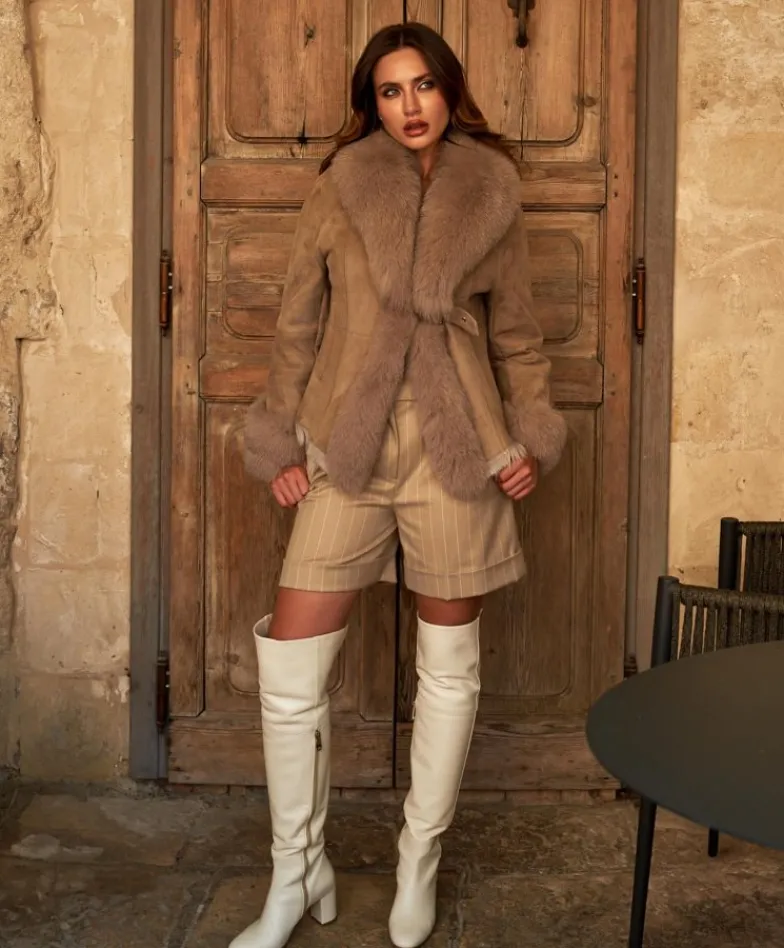 Donna D'Arienzo Clara - Giacca in montone scamosciato beige con collo in volpe