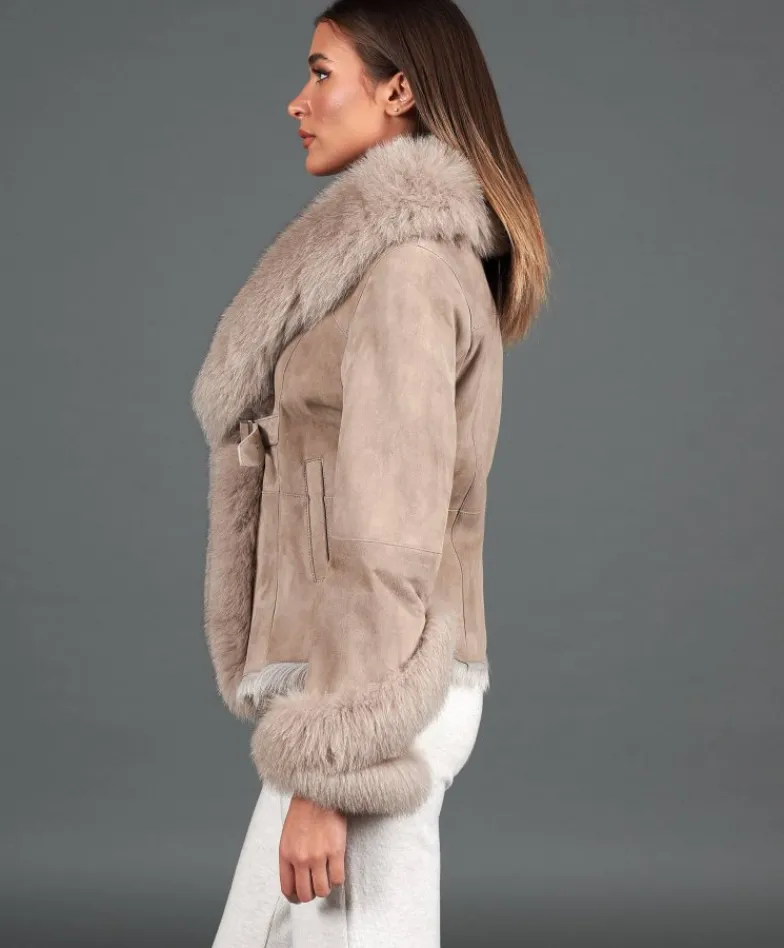 Donna D'Arienzo Clara - Giacca in montone scamosciato beige con collo in volpe