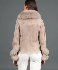Donna D'Arienzo Clara - Giacca in montone scamosciato beige con collo in volpe