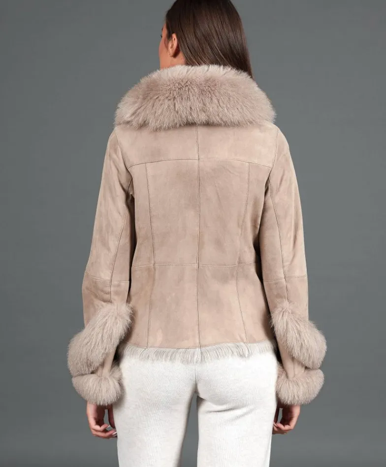 Donna D'Arienzo Clara - Giacca in montone scamosciato beige con collo in volpe