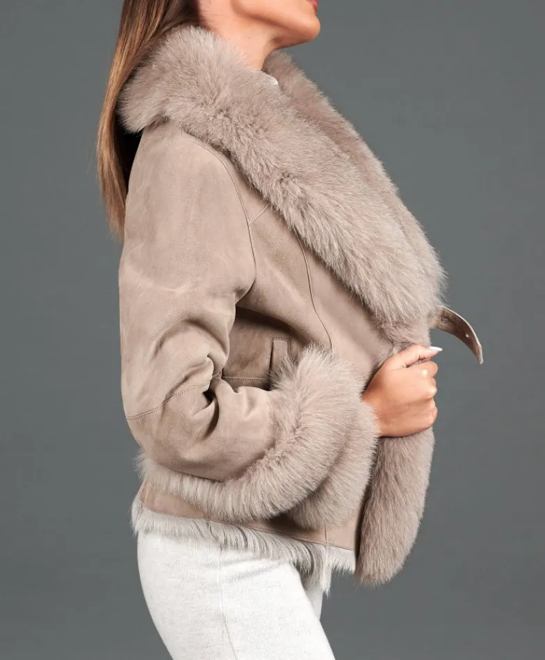 Donna D'Arienzo Clara - Giacca in montone scamosciato beige con collo in volpe