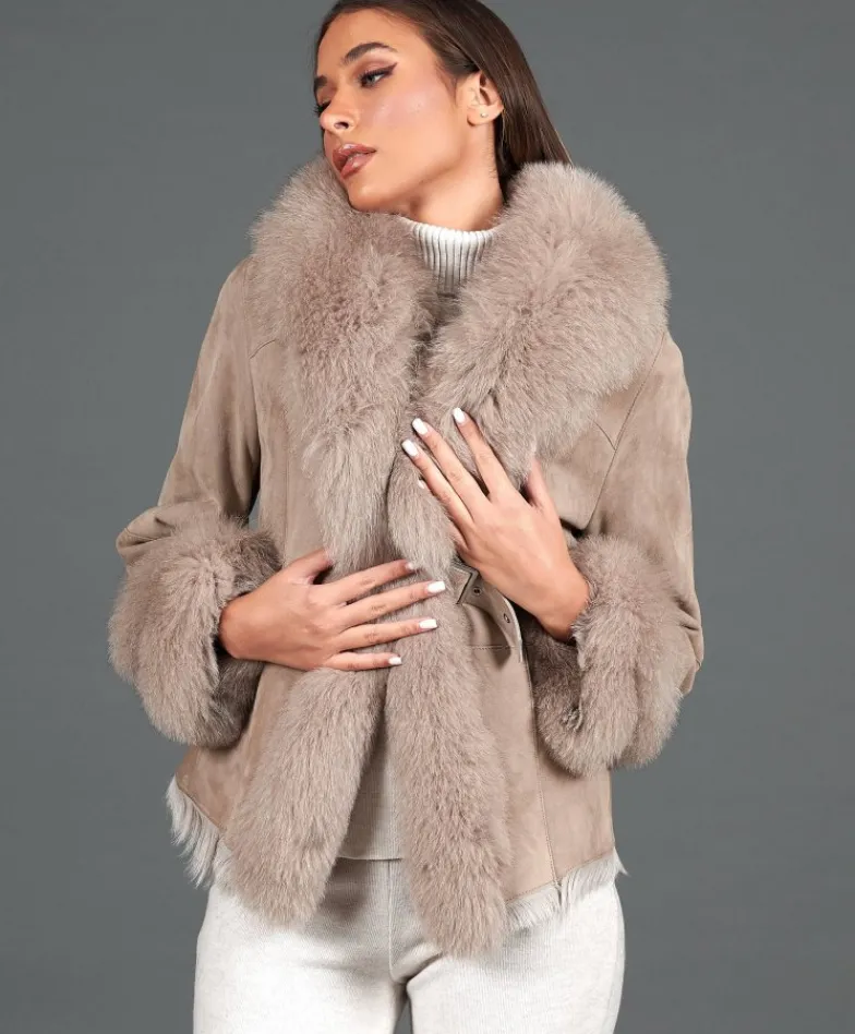 Donna D'Arienzo Clara - Giacca in montone scamosciato beige con collo in volpe