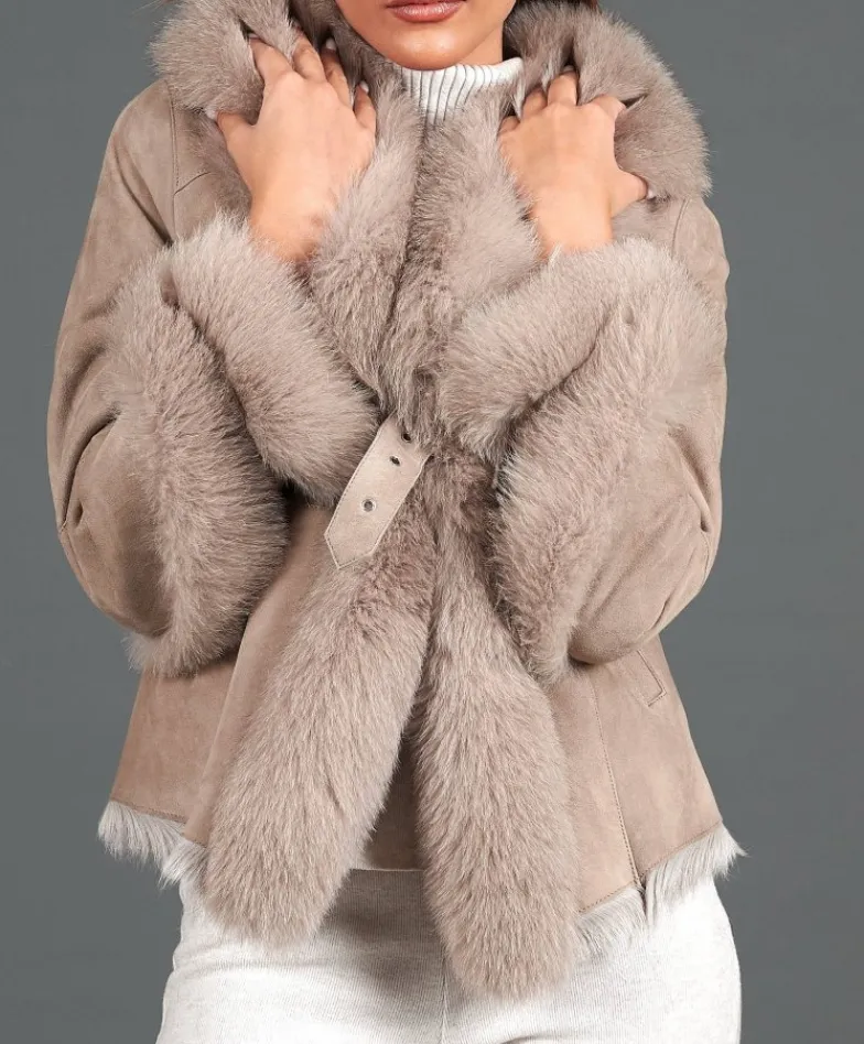 Donna D'Arienzo Clara - Giacca in montone scamosciato beige con collo in volpe