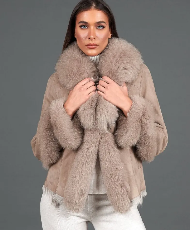 Donna D'Arienzo Clara - Giacca in montone scamosciato beige con collo in volpe