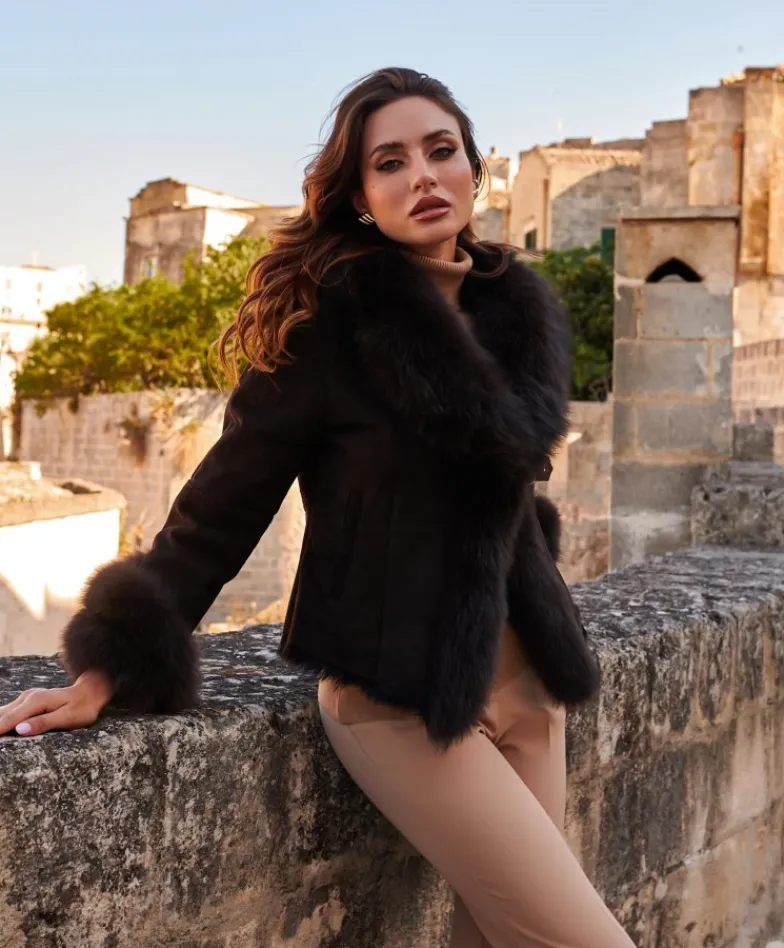 Donna D'Arienzo Clara - Giacca in montone scamosciato testa di moro con collo in volpe