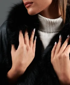 Donna D'Arienzo Clara - Giacca in pelliccia di lapin nappato nero con collo in volpe
