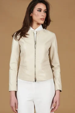 Donna D'Arienzo Clear - Giacca corta in pelle color crema girocollo nappa effetto liscio