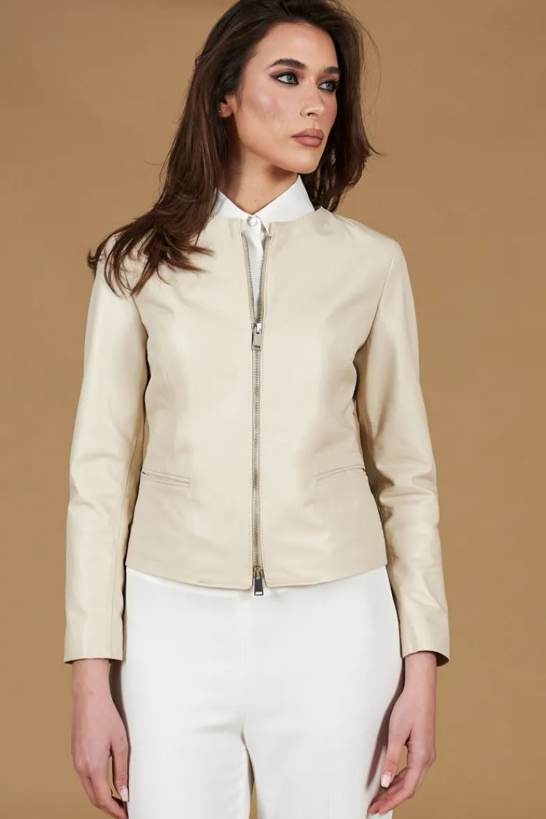 Donna D'Arienzo Clear - Giacca corta in pelle color crema girocollo nappa effetto liscio