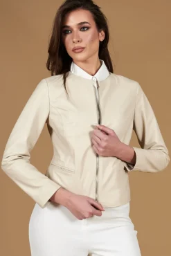 Donna D'Arienzo Clear - Giacca corta in pelle color crema girocollo nappa effetto liscio