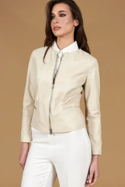 Donna D'Arienzo Clear - Giacca corta in pelle color crema girocollo nappa effetto liscio